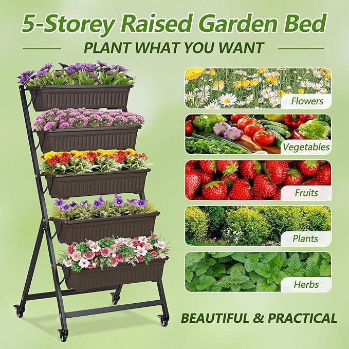 VECELO 5-Tier Vertical Garden Bed, Freestanding Elevated Raised Garden Planter with 5 Garden Planter Boxes, Lockable Caster Wheels, Drainage System, for Plants, Vegetables, Flowers, Herbs