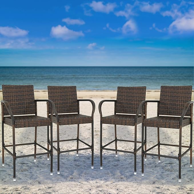 SUPER DEAL Upgraded Wicker Bar Stool Chairs Outdoor Backyard Rattan Chair w/Iron Frame, Armrest and Footrest (4)