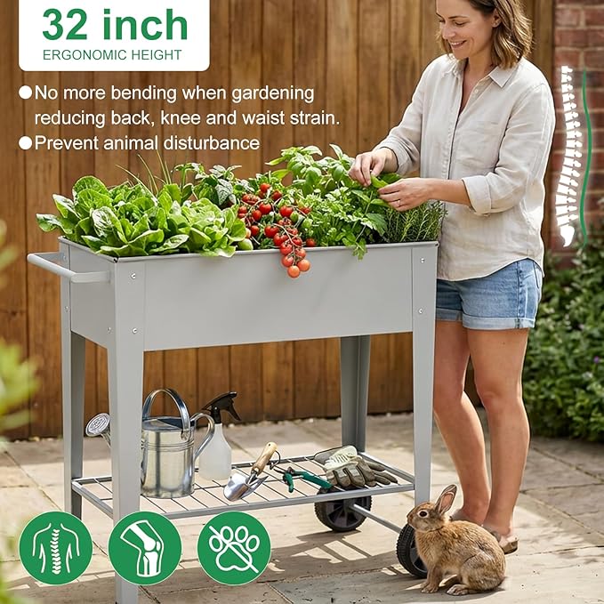 Elevated 32" Tall Raised Garden Bed with Legs and Wheels for Mobility, Metal Planter Boxes Outdoor with Shelf, Raised Bed for Gardening Vegetables/Herbs, Backyard, Patio, Balcony, Grey