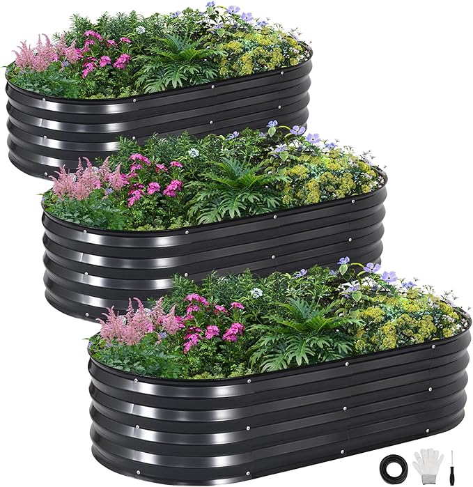 INNO STAGE 3Pcs Galvanized Raised Garden Bed Kit, Outdoor Metal Raised Garden Beds for Vegetables, Rust-Resistant & Easy Assembly, 4x2x1ft Oval Raised beds for Gardening, Flowers, Herbs (CoatedGrey)
