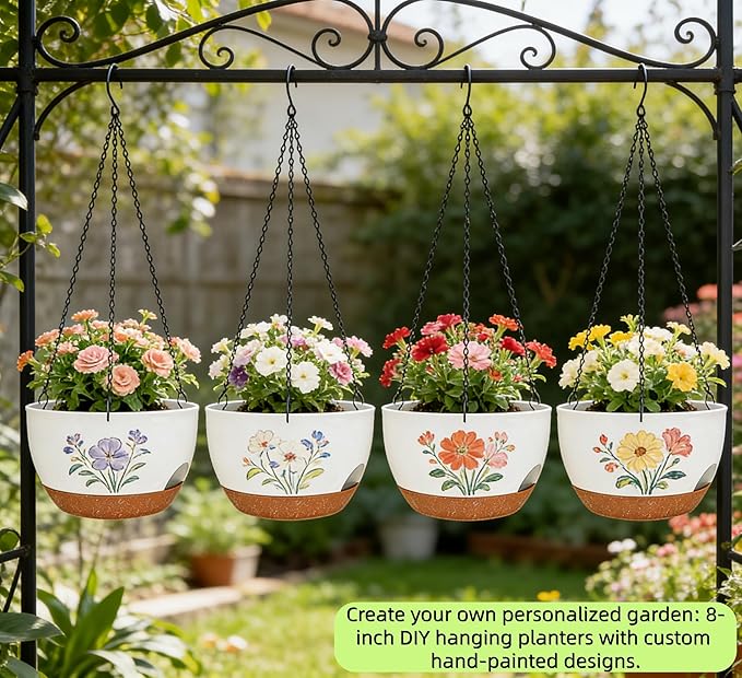 Set of 2-8 Inch Self Watering Hanging Planters for Indoor Outdoor，Hanging Plant Pots with Drainage & Removable Tray, Hanging Pots Holder for Ivy, Pothos, Ferns, Balcony & Patio, White Brown