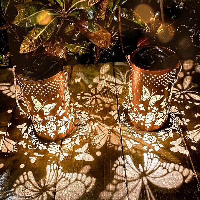 2 Pack Butterfly Birthday Gifts for Women Mom Grandma Solar Lanterns Outdoor Waterproof Garden Decor Hanging LED Decorative Light for Patio Yard Lawn Gardening Gifts