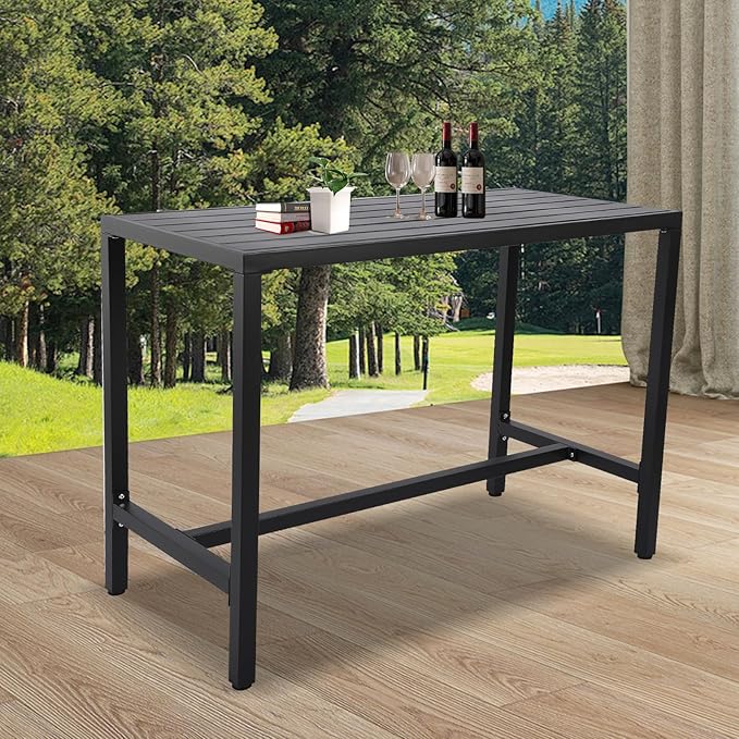 Outdoor Bar Table, Patio Console Pub Height Tables with Powder Coated Steel Frame, Weather Resistant Waterproof Top for Hot Tub, Balcony, Garden, Yard, Poolside (47" Wide Bar Table, Black)