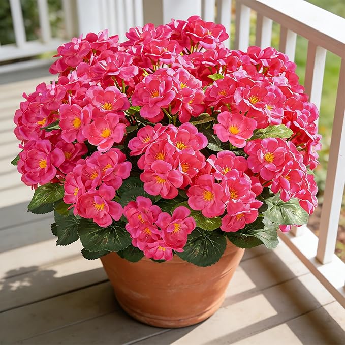 Artificial Geraniums Flowers for Outdoors, 6 Bundles Realistic Silk Fake Geranium, No Fade Faux Plants for Hanging Baskets, Window Boxes, Planters - Porch, Patio, Garden Decor(Rosy)