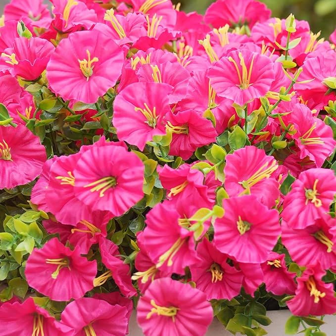 Artificial Flowers for Outdoors, UV Resistant Fake Silk Morning Glory, Realistic Faux Plants for Outside Porch Patio Window Box Hanging Planter (16, Hot Pink)