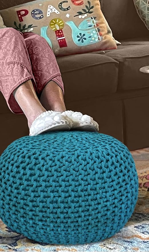 COTTON CRAFT Round Pouf - Hand Knitted Cotton Braid Cord Cable Dori Floor Pouf - Foot Stool - Ottoman Footrest Accent Seat Furniture Bean Bag - Living Room Kids Room Nursery Dorm Décor - 20x14 - Teal