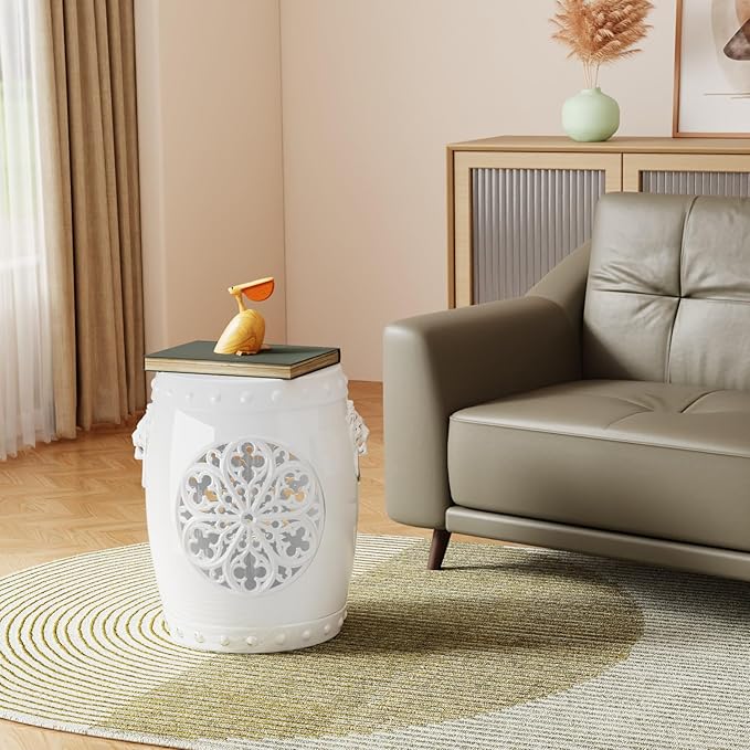 EFU Resin Garden Stool Indoor Outdoor,Decorative Antique Classic-Like Appearance, Waterproof UV Resistant Lightweight Sturdy,for Living Room, Garden Room, Patio(White)