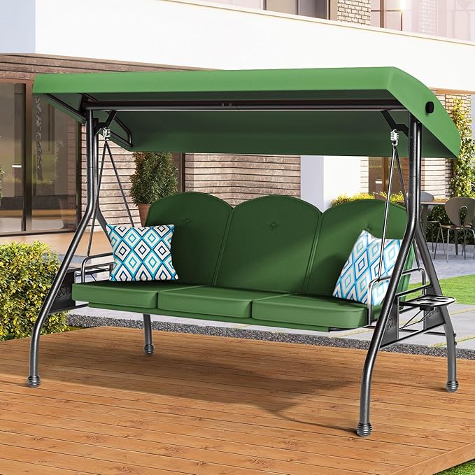 3 Seat Outdoor Porch Patio Swing with Stand 800lbs 2-in-1 Convertible Swing Bed with Adjustable Canopy & Removable Cushion for Yard Garden Deck (Green, Round Tube)