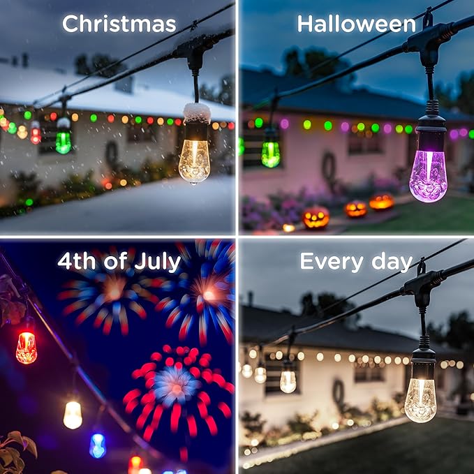 Enbrighten Vintage Outdoor String Lights, 24ft, 12 RGB Acrylic Bulbs, Weatherproof, RF Remote Control, Perfect for Holidays, Gameday, Parties, and More, 37791