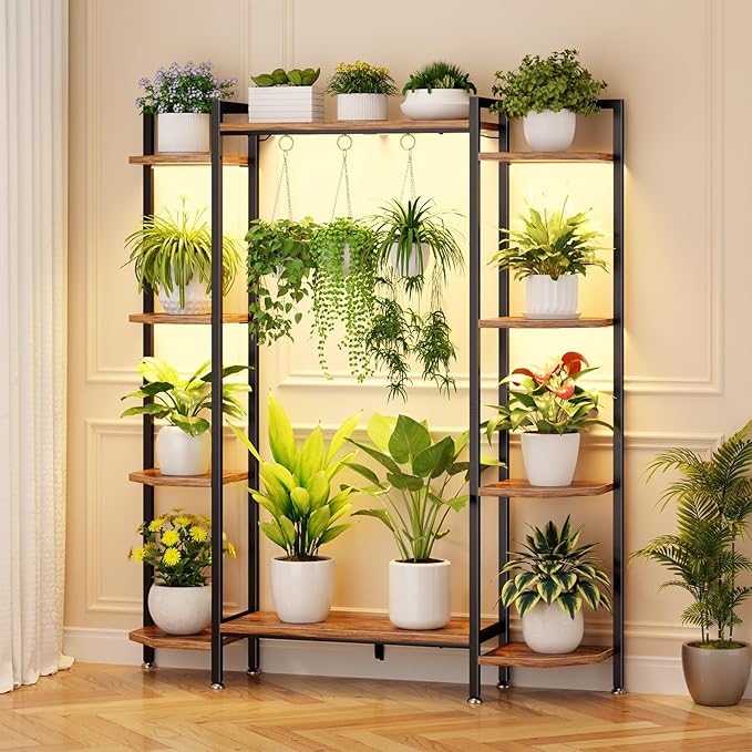 C1 Plant Stand Indoor with 6 Grow Lights, 6 Tiered Large Metal Plant Stand, 55 Inches Tall Plant Shelf with Hooks, Plant Holder Display Shelves for Patio, Garden, Living Room, Balcony