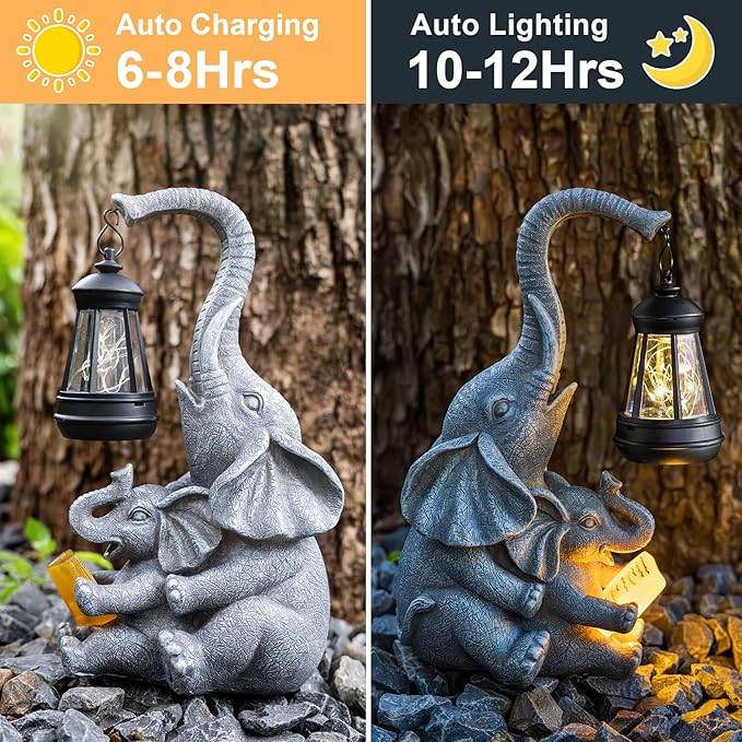 Solar Garden Statue Lights Loving Elephants Figurine with Solar Lantern, Outdoor Yard Decorations for Patio Porch Home, Housewarming Elephant Gifts for Mom, Women