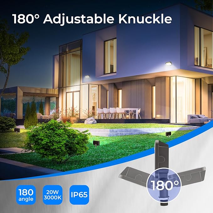 CINOTON 20W LED Flood Lights Outdoor, IP65 Waterproof Exterior Security Wall Light with 180°Knuckle, 2800LM 120V Outside Aluminum Lighting Fixture for Yard Patio Garage Doorway 3000K 2 Pack, UL Listed