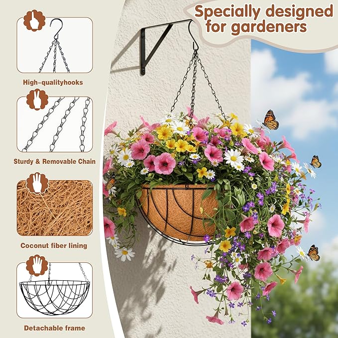 14 inch Metal Hanging Baskets For Plants Outdoor 4 Pack Round Metal Wire Hanging Basket Planter with Coco Fiber Liners Plant Holder for Garden, Patio, Deck, Porch Plants Flower Potss Outdoor(Grid)