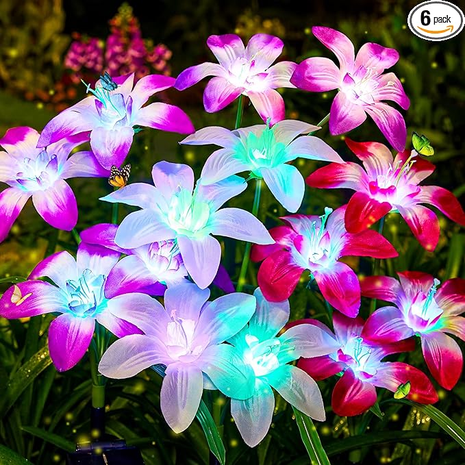 Solar Garden Lights Outdoor, 6 Pack Blooming Lily Solar Flowers Outdoor Waterproof, 7 Color Changing Bigger Flower Lights for Yard Patio Outside Decorative Mom Gift