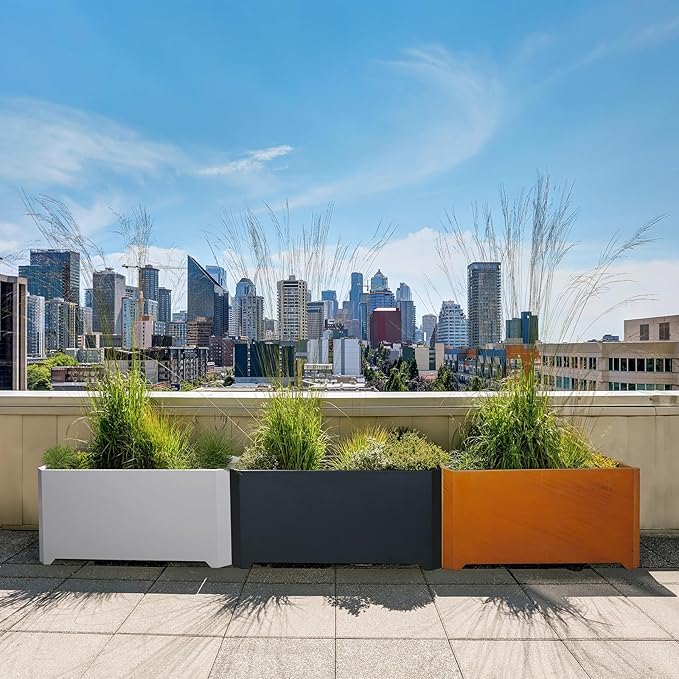 Corten Steel Planter Box-32"x15"x15"-Large Rectangular Planters For Outdoor Plants, Heavy Duty Rustic Tall Planter With Raised Support Feet For Patio, Deck, Garden, Yard, Drain Holes, Easy Assembly