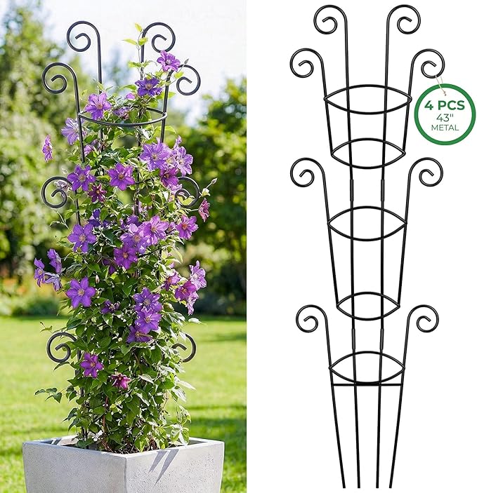 4 Pack 43 Inch Metal Plant Trellis for Climbing Plants - Rustproof Garden Trellis for Large Potted Houseplants, Sturdy Plant Support Indoor Outdoor for Monstera & Vines, Home Decor