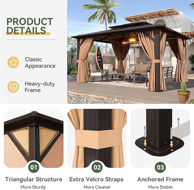 Aoxun 12'x14' Hardtop Gazebo with Double Polycarbonate Roof, Aluminum Frame Permanent Pavilion Includes Netting & Curtains for Patio, Lawn & Garden (Khaki)