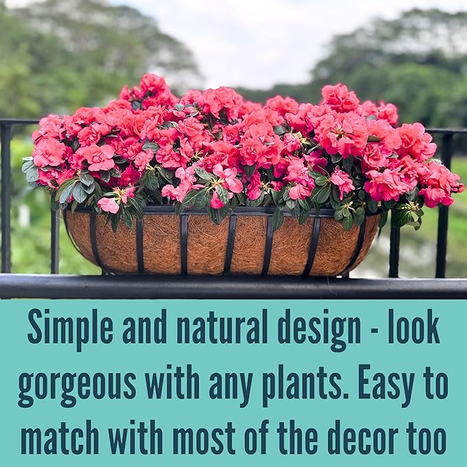 LaLaGreen Outdoor Wall Planter for Plants (24 Inch, 8 Pack) Large Black Metal Basket with Coco Liner, Window Flower Box Deck Railings Hanging Balcony Plant Holder Pot Garden Fence Balcony Patio Rail