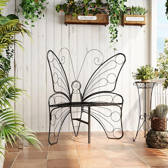 Butterfly Shaped Outdoor Bench, Black Garden Bench for Outdoor with Sturdy Stable Metal Frame, Butterfly Chair Butterfly Bench Outdoor for Garden, Yard, Balcony, Lawn (Black)