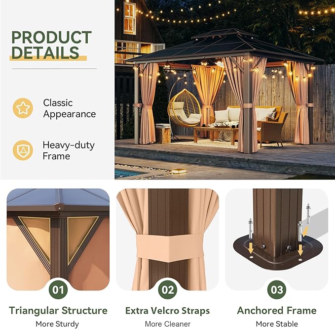 Aoxun 10'x12' Hardtop Gazebo, Aluminum Frame Permanent Pavilion with Curtains and Netting, Outdoor Polycarbonate Gazebo, Double Roof Canopy, for Gardens, Patios, Lawns