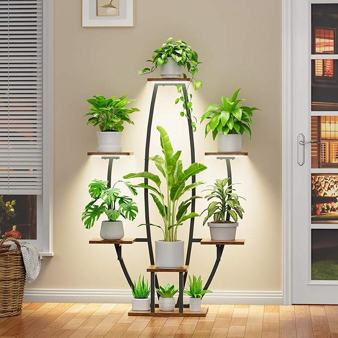 JUSTOGO Plant Stand Indoor with Grow Lights - 7 Tiered Large Plant Shelf Indoor, 47" Corner Plant Stands for Indoor Plants Multiple, Metal Plant Rack Flower Holder Display for Living Room, Home Decor