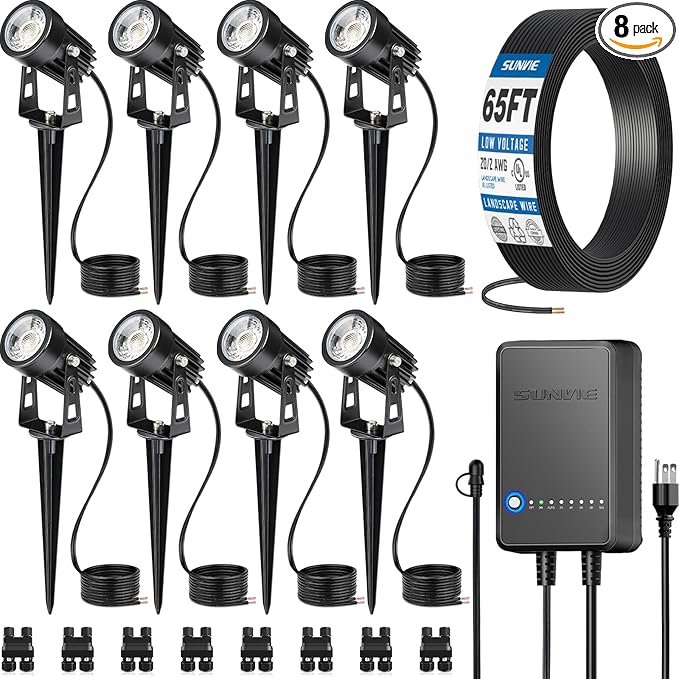 SUNVIE All-In-One LED Landscape Lighting Kit, 8-Pack Low Voltage Landscape Lights with Transformer and 65FT UL-Listed Wire, 3000K Waterproof Outdoor Uplights with Connectors for Yard House Garden Tree