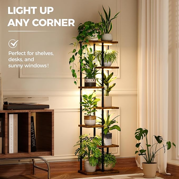 Bamworld Plant Stand with Grow Light for Indoor Plants Corner 7 Tier Metal Plant Shelf Wood Flower Stand for Home Living Room Decor Patio Decor