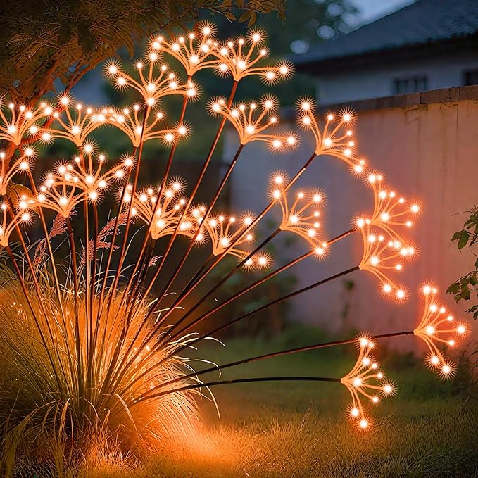 JJGoo Solar Garden Lights, New Upgraded 2 Pack Solar Swaying Starburst Light, Waterproof Fireworks Outdoor Lights, Yard Patio Pathway Decoration, Orange