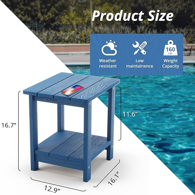 LUE BONA Adirondack Outdoor Side Table, 2-Tier Navy Blue HDPS Patio End Table Weather Resistant, Morden Side Table for Patio, Pool, Porch