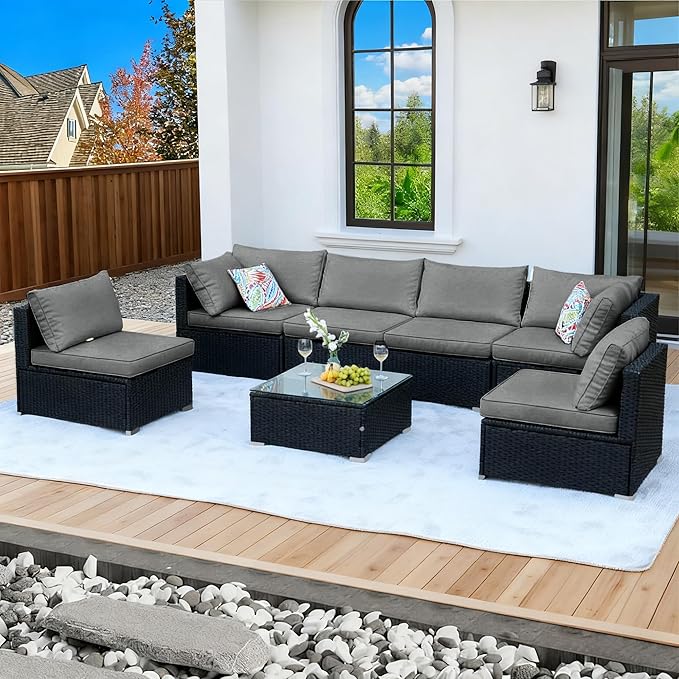 7 Pieces Patio Furniture Set - All-Weather Outdoor Wicker Sectional Conversation Sofa, Rattan Patio Seating Sofa Set with Cushion and Glass Table for Porch Poolside, Black/Grey