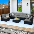 7 Pieces Patio Furniture Set - All-Weather Outdoor Wicker Sectional Conversation Sofa, Rattan Patio Seating Sofa Set with Cushion and Glass Table for Porch Poolside, Black/Grey