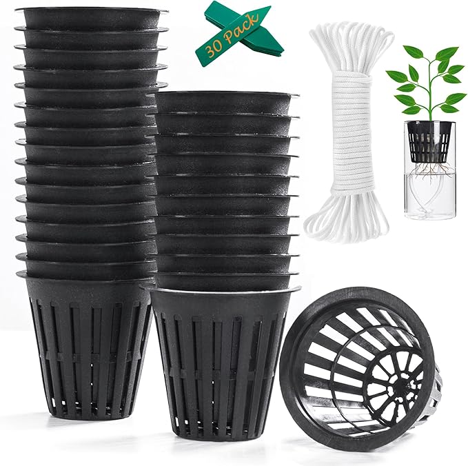 ORIMERC 2 inch Net Cups Pots 30 Pack with 30 feet Self Watering Wick & 30 Plant Labels for Hydroponics Aquaponics Planter Indoor Outdoor Growing Baskets Slotted Mesh UV Resistant & BPA Free