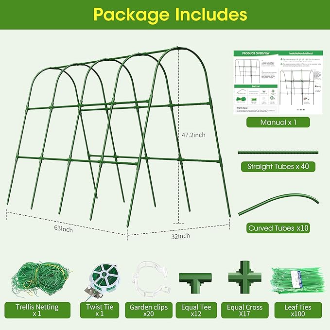 Cucumber Trellis for Raised Bed,U-Shape Garden Trellis for Climbing Plants Outdoor, Metal Arch Vegetables Trellis, Plant Support for Vine (Green, 63" Lx21.6 Wx47.2 H-Large)