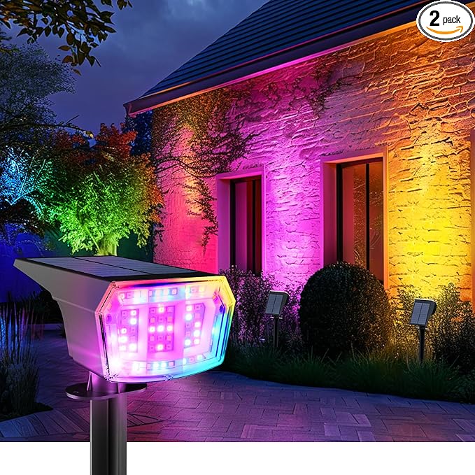 Color Changing Solar Spot Lights Outdoor, 9 Lighting Modes Colored Solar Lights Outdoor RGB, Color Light Waterproof IP65, Landscape Spotlights for Halloween Christmas Decorations