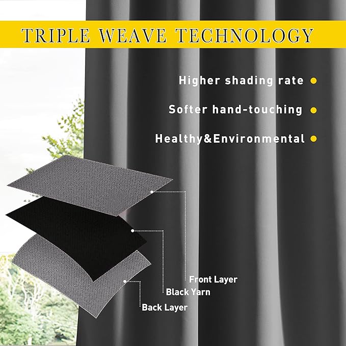 NICETOWN 2 Panels Blackout Weighted Outdoor Curtains for Patio Waterproof, Grommet & Back Tab on Top & Bottom Keep Privacy Light & Sound Block for Porch with Bonus Rope for Fixed, Grey, W52 x L72