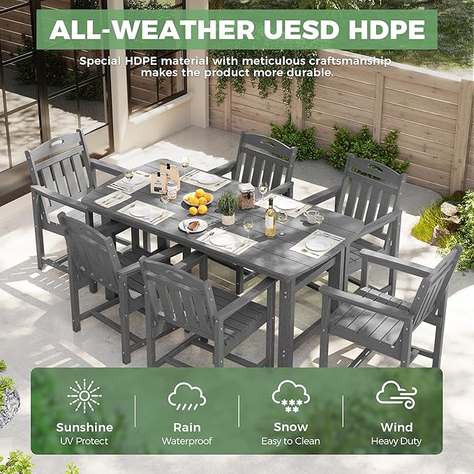 HDPE Outdoor Patio Dining Set with Table & 6 Chairs, All-Weather 7-Piece Outdoor Table and Chairs, 2" Umbrella Hole, Patio Furniture for Garden, Backyard, Deck | Grey