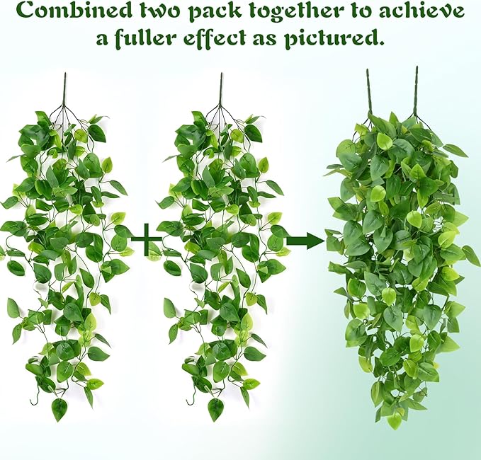 Waipfaru Fake Hanging Plants, 4pcs Artificial Hanging Plant, Faux Ivy Pothos Vines Greenery for Wall Home Bedroom Living Room Aesthetic Kitchen Office Aesthetic Kitchen Indoor Outdoor Decor