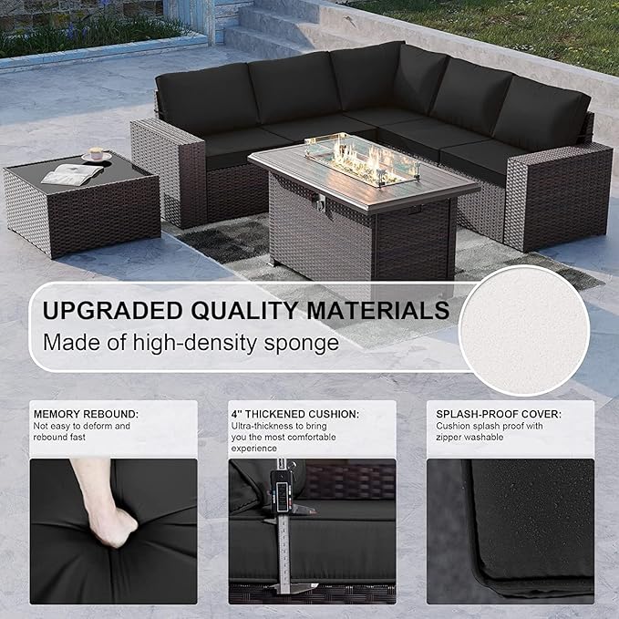 Kullavik 7 Pieces Outdoor Patio Furniture Set with 43" 55000BTU Gas Propane Fire Pit Table PE Wicker Rattan Sectional Sofa Patio Conversation Sets,Black