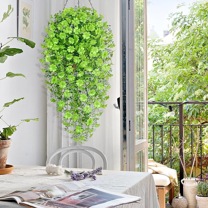 Waipfaru Artificial Hanging Four-leaf clover, 4pcs Fake Hanging Plants, Faux Ivy Pothos Vines Greenery for Wall Home Bedroom Living Room Aesthetic Kitchen Office Aesthetic Kitchen Indoor Outdoor Decor