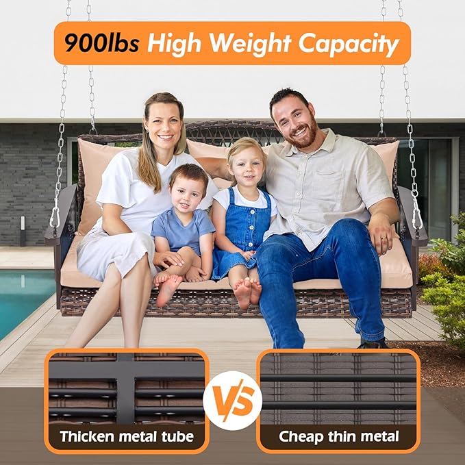 Upgraded Wicker Hanging Porch Swing Heavy Duty 900lbs 3-Seat Outdoor Patio Swing Chair Bench for Adult w/ 8.9ft Hanging Chains Cushions and Cup Holder