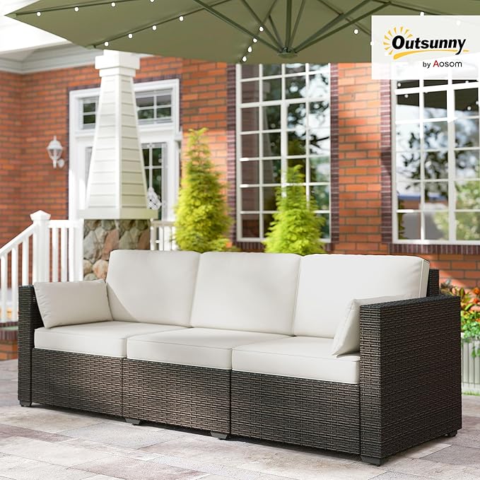 Outsunny Patio Couch PE Wicker Deep Seating Outdoor Sofa with Removable Cushions, 3 Seater Rattan Sofa, Outdoor Furniture for Balcony, Deck, Garden and Poolside, Cream White