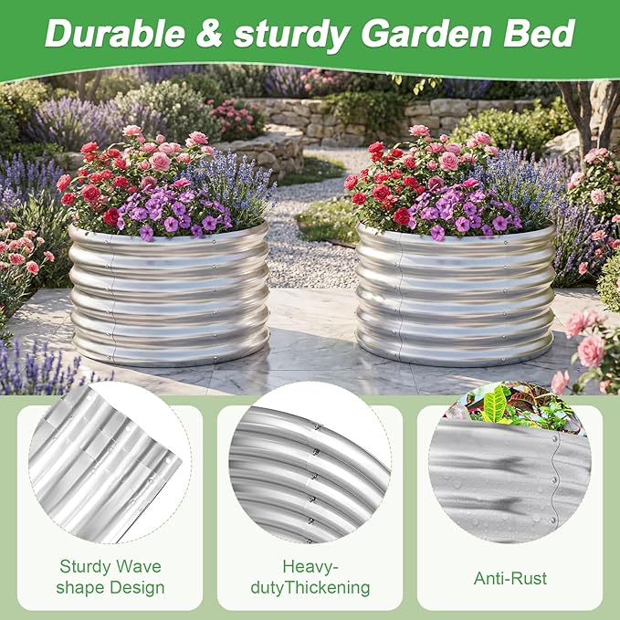 AHEONLAR 2 Pack 2x2x1.5ft Round Galvanized Raised Garden Bed Outdoor Metal Planter Box for Vegetables Steel Raised Beds for Gardening Silver