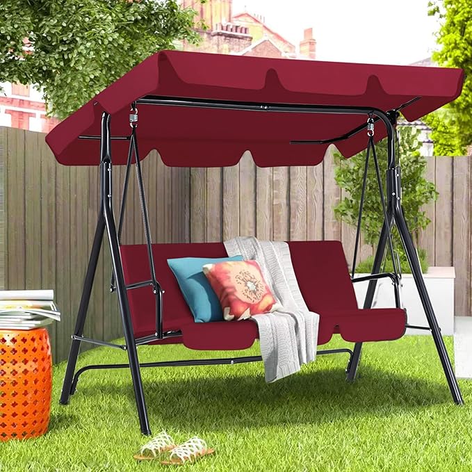 AECOJOY Porch Swing with Stand, 3-Seat Outdoor Clearance Porch Swings for Adults, Outdoor Patio Swing with Adjustable Canopy & Removable Cushion for Backyard, Garden, Yard, Poolside, Balcony (Red)