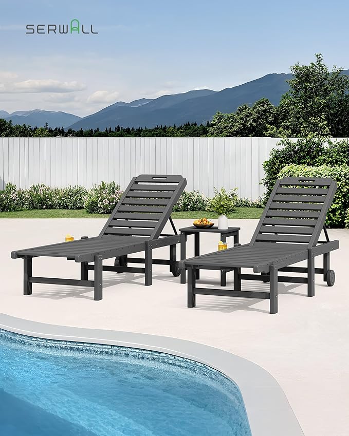 SERWALL Outdoor Chaise Lounge Set of 8, HDPE Pool Lounge Chairs with 5-Position Adjustable Backrest, Patio Loungers with Rolling Wheels & Cup Holder for Pool Sunbathing, Grey