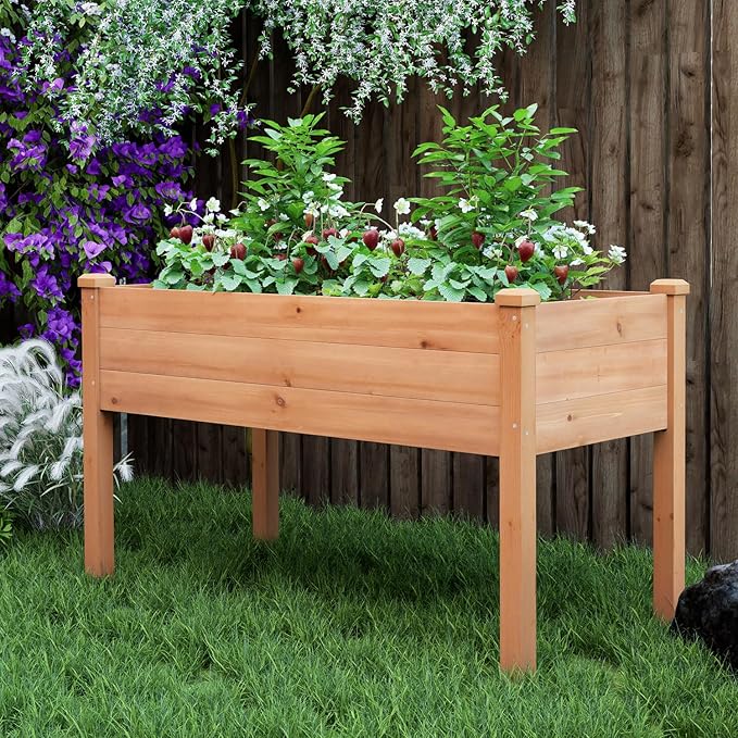 BIRASIL Outdoor Raised Garden Bed, Wood Planter Box for Vegetable Flower, Elevated Reinforced Large Garden Planters Boxes for Backyard Patio Gardening Balcony (48”L, Brown)