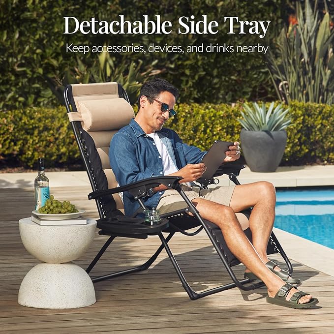 Best Choice Products Oversized Padded Zero Gravity Chair, Folding Outdoor Patio Recliner, XL Anti Gravity Lounger for Backyard w/Headrest, Cup Holder, Side Tray, Polyester Mesh - Tan