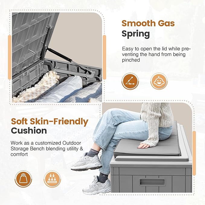 Greesum 100 Gallon Resin Deck Box Large Outdoor Storage with Cushions for Patio Furniture, Garden Tools, Pool Supplies, Weatherproof and UV Resistant, Lockable,Gray