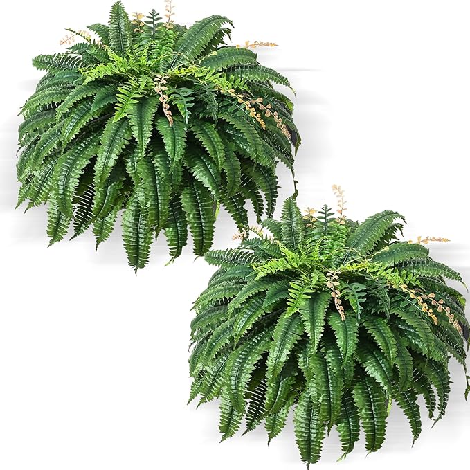 49” Artificial Ferns for Outdoors Planter, 128 Leaves per Fern, Set of 2, Large Lush Fake Boston Ferns Hanging Plants, UV Resistant Faux Greenery for Porch Patio Garden Home Decor Indoor Outdoor