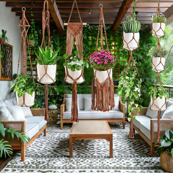 Macrame Plant Hangers, 6Pack Hanging Plant Holders Indoor w/ 6 Set Hooks Handmade Cotton Rope Plant Hangers Set Flower Pots Holder Stand Boho Home Decor Hanging Planters for Indoor Outdoor Plants