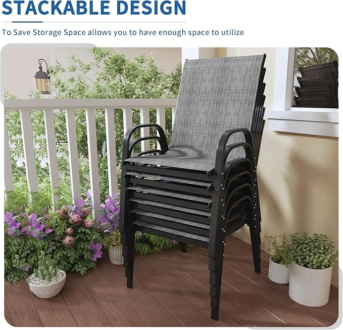 PIZZELLO Patio Chairs Set of 6 - Outdoor Stackable Dining Chairs for All Weather - Lightweight Textilene Outdoor Chair Sets with Armrests - 330Lbs Capacity - for Backyard Garden Porch Poolside (Grey)
